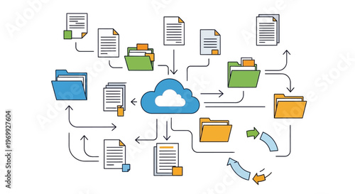 A cloud computing concept with various file icons and arrows on a white background, illustrating data exchange and management in a business context.