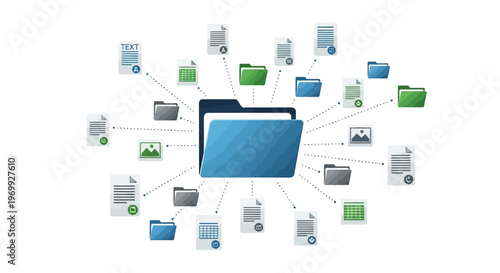 A blue folder icon surrounded by various smaller file icons on a white background, representing digital organization and data management in a business context with a clean and modern style.