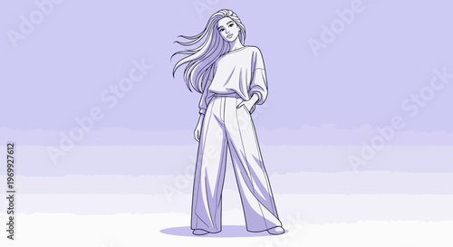 Full-body illustration of a young woman with long hair standing confidently in a stylish outfit against a soft purple background with a minimalist style.