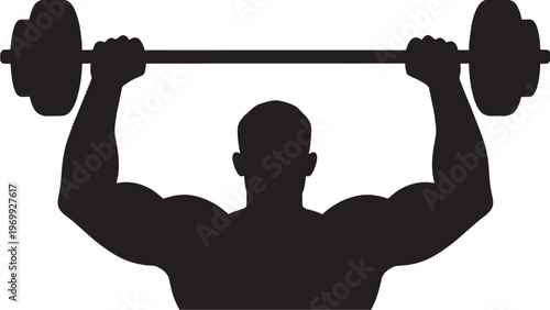 Silhouette of a Muscular Male Weightlifter Performing an Overhead Barbell Press