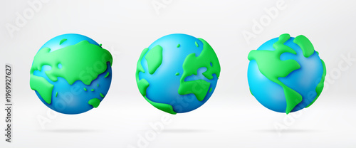 Three 3D earth globes with green continents and blue ocean. Stylized clay planet collection for environmental design. Global geography concept for education and ecology. Vector illustration
