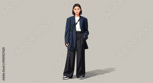 A stylish young woman in a blue blazer and black pants stands confidently with her hands in pockets against a plain gray background, showcasing her fashion sense and people style.