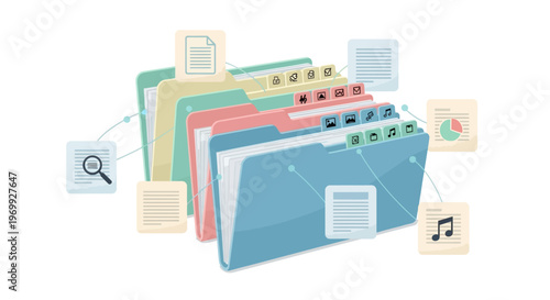A colorful illustration of a blue folder with multiple files and icons representing business organization and digital media management on a clean white background.