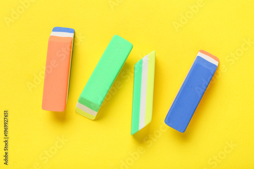 Colorful rubber erasers on ...