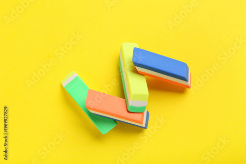 Colorful rubber erasers on ...