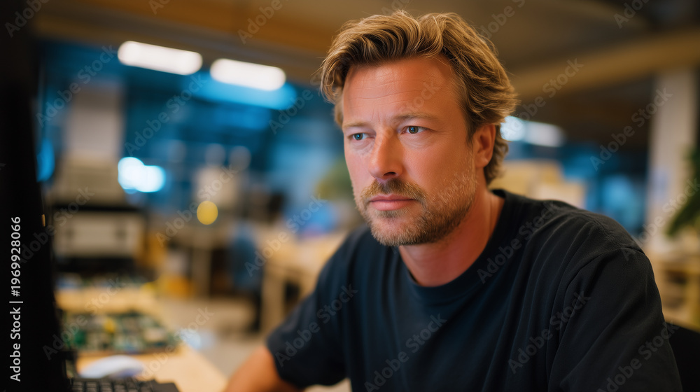 Fototapeta premium Exploit development engineer reverse-engineers firmware to uncover authentication bypass in embedded device within electronics testing laboratory, perfect for vulnerability research, zero day analys
