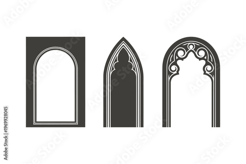 Three distinct architectural window designs in black and white, showcasing simple, gothic, and intricate styles for artistic inspiration.