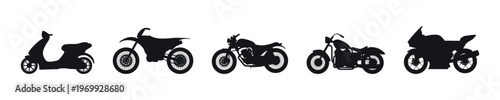 Silhouettes of Various Motorcycles and Scooters Vector Set