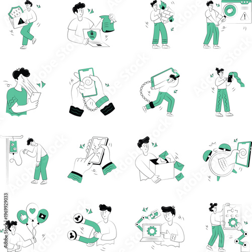 Set of Digital Life Doodle Style Illustrations 

