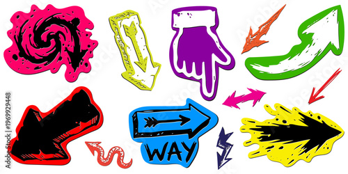 Hand drawn grunge arrows and pointers sticker set. Vector sketch collection of colorful rough ink direction signs, spiral arrows, and pointing hands isolated