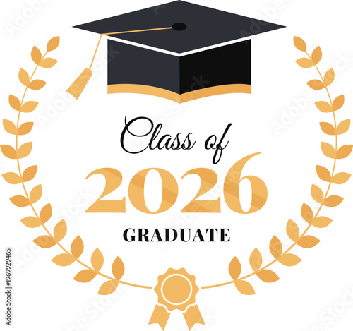 Graduation emblem Class of 2026 with mortarboard cap and laurel wreath vector