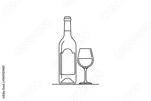 Elegant Line Drawing of a Wine Bottle and Glass, Perfect for Sophisticated Dining, Celebrations, and Fine Beverage Illustrations.