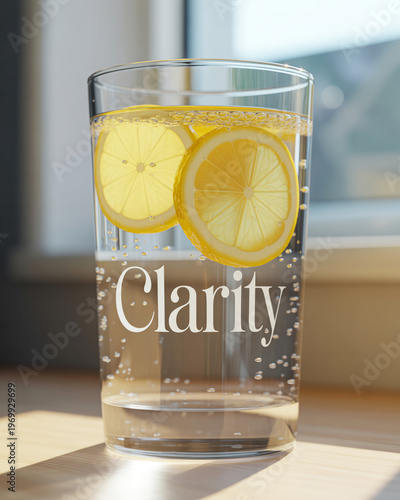 Clear Glass of  Lemon Water with Clarity Engraving in Bright Natural Light