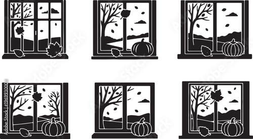 Black Solid Autumn Window Scene Silhouette Compositions Set of Six