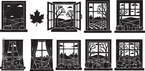 Black Solid Autumn Window Scene Silhouette Compositions Set of Six