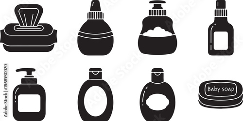 Black Solid Baby Care Products Silhouettes Set of Six on White Background