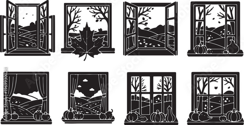 Black Solid Autumn Window Scene Silhouette Compositions Set of Six