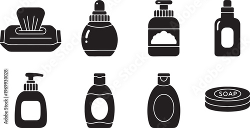 Black Solid Baby Care Products Silhouettes Set of Six on White Background