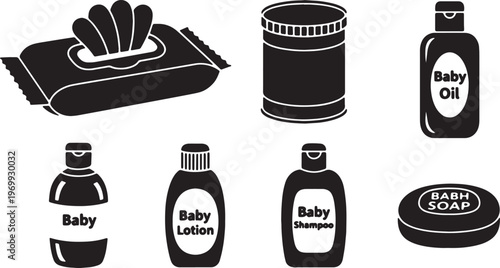 Black Solid Baby Care Products Silhouettes Set of Six on White Background