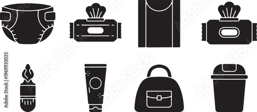 Black Solid Baby Changing Essentials Silhouettes Set of Six on White Background