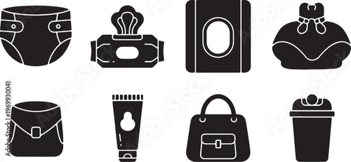Black Solid Baby Changing Essentials Silhouettes Set of Six on White Background