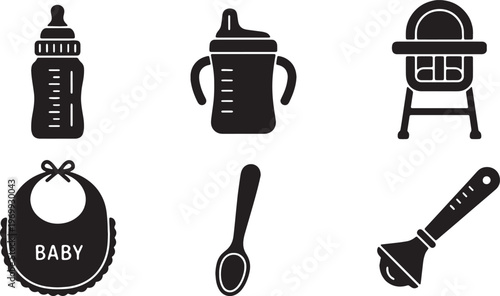 Black Solid Baby Feeding Items Silhouettes Set of Six on White Background
