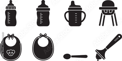 Black Solid Baby Feeding Items Silhouettes Set of Six on White Background