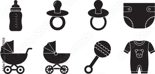 Black Solid Baby Items Silhouettes Set of Six on White Background