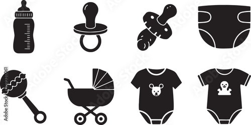 Black Solid Baby Items Silhouettes Set of Six on White Background