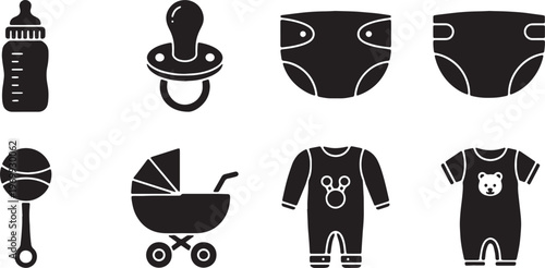 Black Solid Baby Items Silhouettes Set of Six on White Background