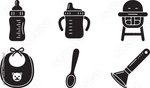 Black Solid Baby Feeding Items Silhouettes Set of Six on White Background