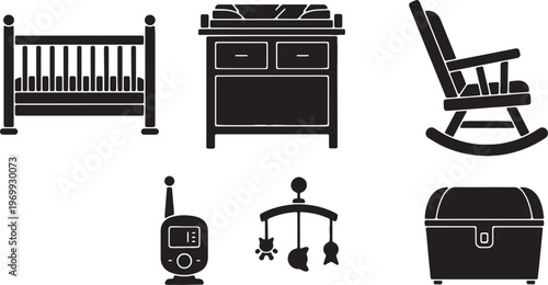 Black Solid Baby Nursery Items Silhouettes Set of Six on White Background