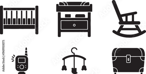Black Solid Baby Nursery Items Silhouettes Set of Six on White Background