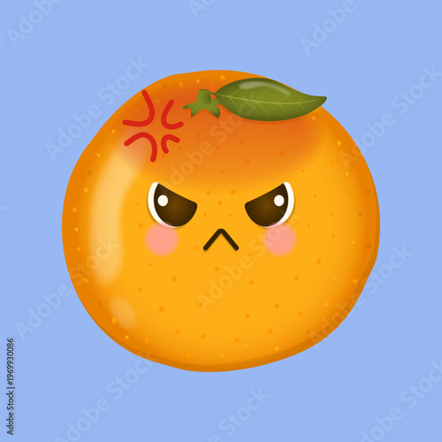 Angry mandarin character. Cute kawaii orange fruit emoji face vector illustration