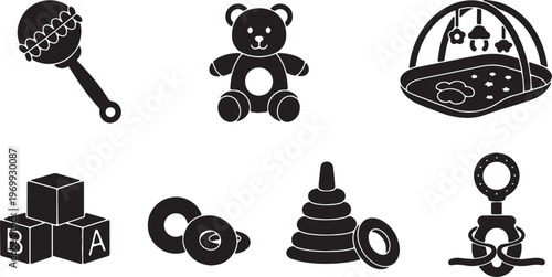 Black Solid Baby Playtime Items Silhouettes Set of Six on White Background