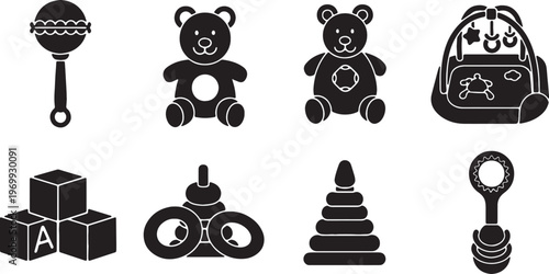 Black Solid Baby Playtime Items Silhouettes Set of Six on White Background