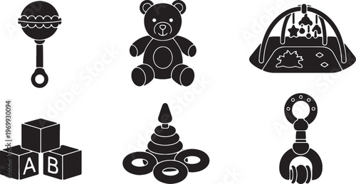 Black Solid Baby Playtime Items Silhouettes Set of Six on White Background