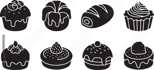 Black Solid Baked Goods Silhouettes Set of Six on White Background