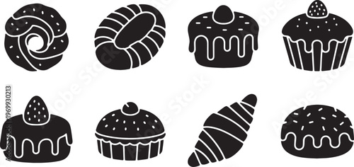 Black Solid Baked Goods Silhouettes Set of Six on White Background