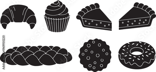 Black Solid Baked Goods Silhouettes Set of Six on White Background