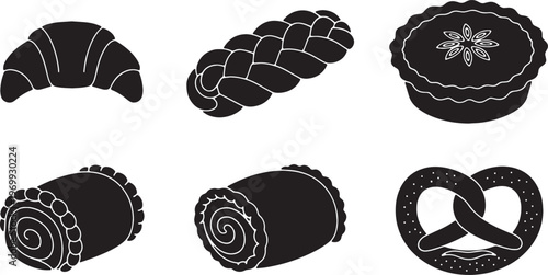 Black Solid Baked Pastries Silhouettes Set of Six on White Background