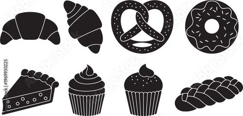 Black Solid Baked Pastries Silhouettes Set of Six on White Background