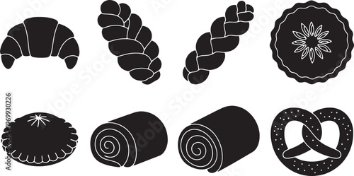 Black Solid Baked Pastries Silhouettes Set of Six on White Background