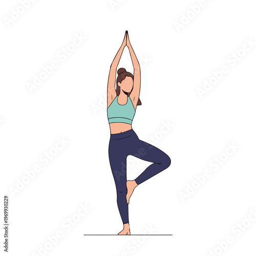 A woman in athletic wear performs a yoga pose with arms raised in a serene setting against a clean white background.