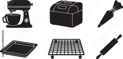 Black Solid Bakery Equipment Silhouettes Set of Six on White Background