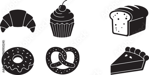 Black Solid Bakery Items Silhouettes Set of Six on White Background