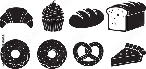 Black Solid Bakery Items Silhouettes Set of Six on White Background