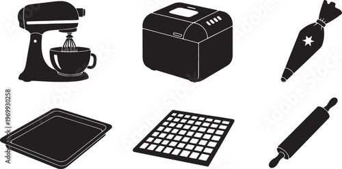 Black Solid Bakery Equipment Silhouettes Set of Six on White Background