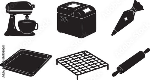 Black Solid Bakery Equipment Silhouettes Set of Six on White Background
