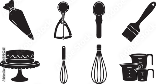 Black Solid Kitchen Baking Accessories Silhouettes Set of Six on White Background